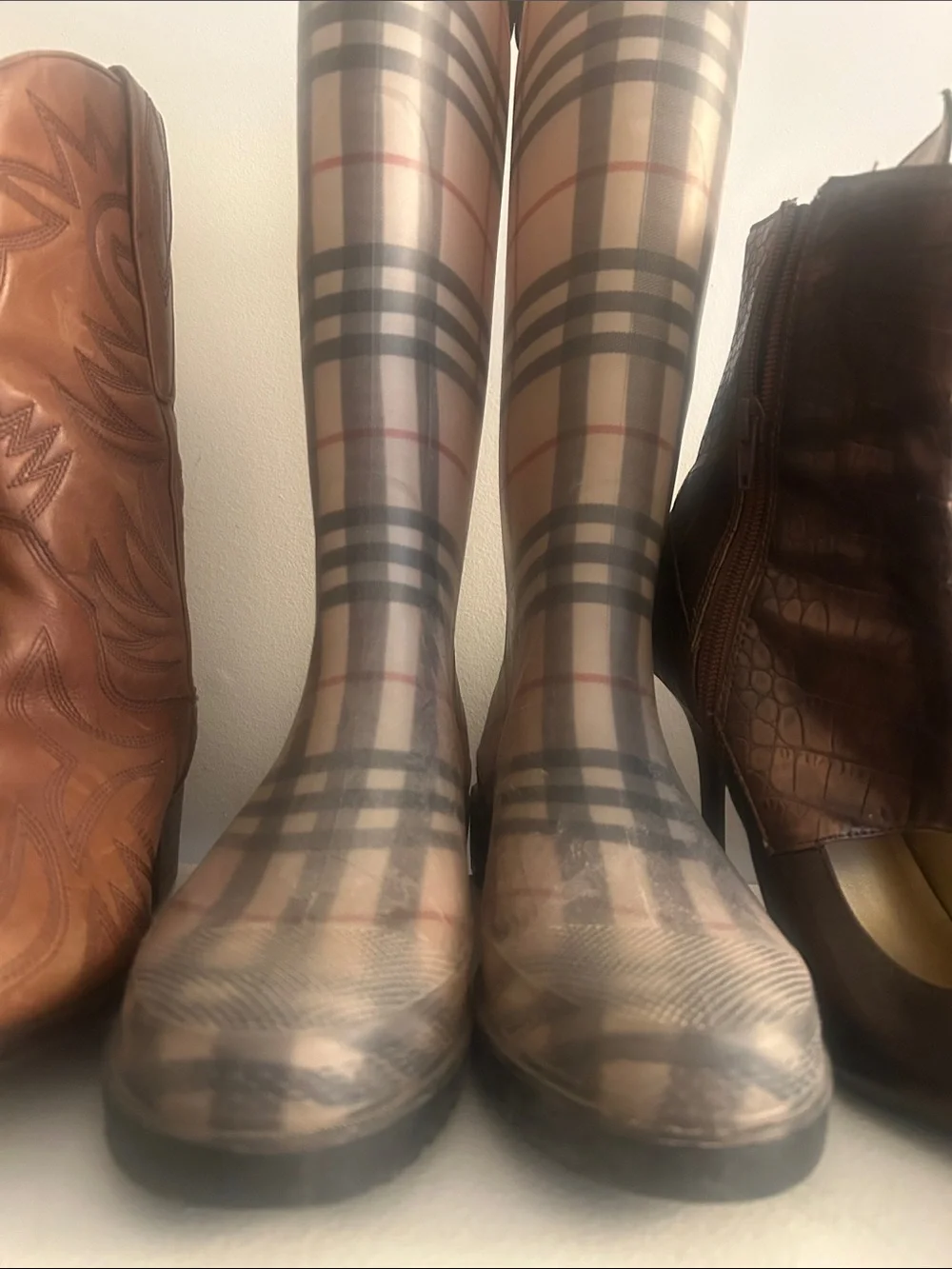 Burberry Beige Plaid Rain Boots